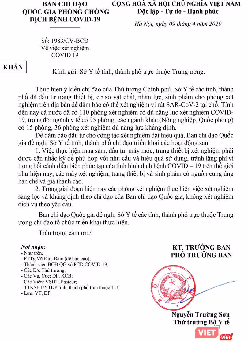 Công văn khẩn không cho phép xét nghiệm COVID theo yêu cầu, do Thứ trưởng Nguyễn Trường Sơn ký Công văn khẩn không cho phép xét nghiệm COVID theo yêu cầu