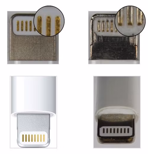 Đầu cáp Lightning xịn (trái) và dỏm (phải). Đầu cáp Lightning xịn (trái) và dỏm (phải).