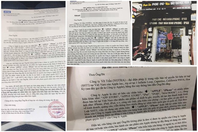 Nhiều cửa hàng tại TP.HCM nhận được văn bản khuyến cáo từđại diện pháp lý trong việc bảo vệ quyền sở hữu trí tuệ tại Việt Nam của Apple.