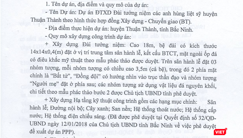 Dự án Đầu tư xây dựng Đài tưởng niệm các anh hùng liệt sỹ huyện Thuận Thành với tổng mức đầu tư hơn 44 tỷ đồng.