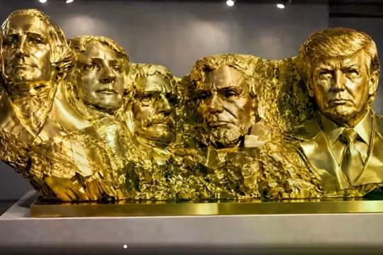 Tượng vàng thể hiện ông Trump sánh vai cùng 4 vị Tổng thống Mỹ huyền thoại do Iain Alexander – một nghệ sĩ chân dung hoàng gia Anh, nhà điêu khắc kiêm cựu vận động viên bơi lội Olympic- thực hiện. Ảnh: Creaders.
