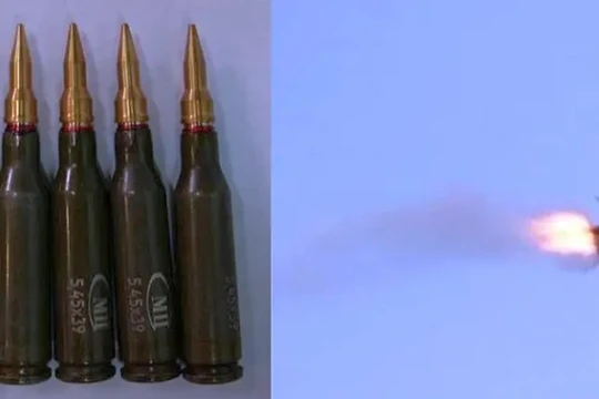 Đạn "Mnogotochie" chuyên dụng chống FPV và hình ảnh một chiếc FPV trúng đạn. Ảnh: Wforum.