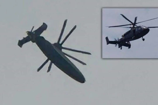 Chiếc trực thăng đồng trục Số 2 mới lộ diện và chiếc Số 1 xuất hiện năm ngoái (ảnh nhỏ). Ảnh: LTN.