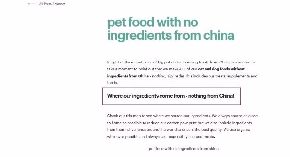 Ghi chú sản phẩm không có thành phần xuất xứ Trung Quốc trên bao bì sản phẩm.
