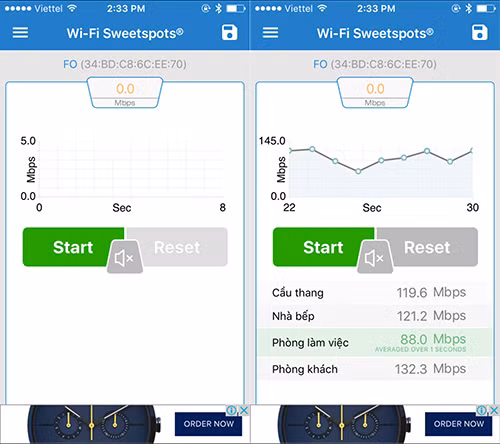 Giao diện phần mềm Wi-Fi SweetSpots với các thông số khi tiến hành đo đạc. Giao diện phần mềm Wi-Fi SweetSpots với các thông số khi tiến hành đo đạc.