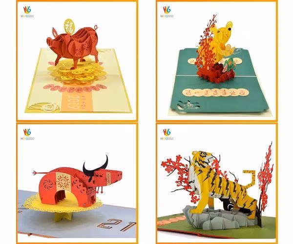 Sản phẩm thiệp chúc mừng năm mới 12 con giáp là món quà được người nước ngoài yêu thích. Sản phẩm thiệp chúc mừng năm mới 12 con giáp là món quà được người nước ngoài yêu thích.
