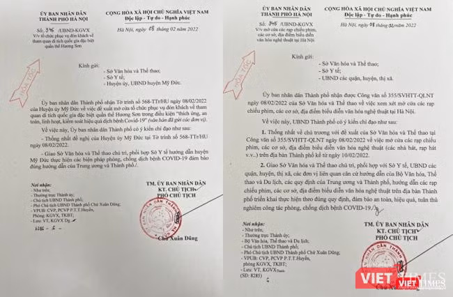 Hai công văn hỏa tốc do Phó Chủ tịch UBND TP. Hà Nội Chử Xuân Dũng ký ngày 8/2 về việc mở cửa trở lại hoạt động di tích Chùa Hương và các điểm biểu diễn văn hóa nghệ thuật. Hai công văn hỏa tốc do Phó Chủ tịch UBND TP. Hà Nội Chử Xuân Dũng ký ngày 8/2 về việc mở cửa trở lại hoạt động di tích Chùa Hương và các điểm biểu diễn văn hóa nghệ thuật.