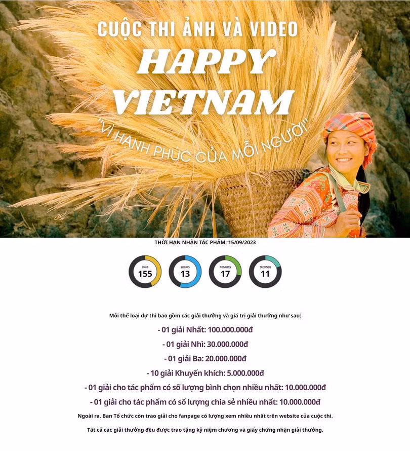 Cuộc thi “Happy Vietnam 2023” với chủ đề ”Vì hạnh phúc mỗi người” được tổ chức trên vietnam.vn. Cuộc thi “Happy Vietnam 2023” với chủ đề ”Vì hạnh phúc mỗi người” được tổ chức trên vietnam.vn.