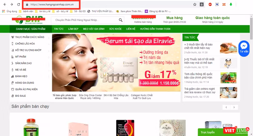 Trang web hangngoainhap.com.vn có dấu hiệu lừa dối người tiêu dùng khi quảng cáo thực phẩm bảo vệ sức khỏe Fracora Placenta Drink 150.000.