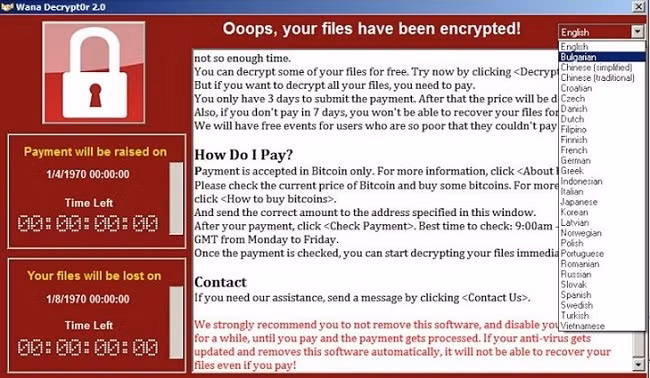 Cửa sổ hiện ra yêu cầu nạn nhân trả tiền chuộc dữ liệu bằng bitcoin