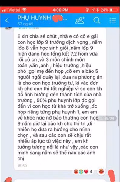 Phụ huynh phản ảnh bị ép không cho con thi vào lớp 10. Ảnh chụp màn hình Phụ huynh phản ảnh bị ép không cho con thi vào lớp 10. Ảnh chụp màn hình