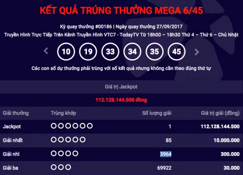 Chiếc vé độc đắc trúng hơn 112 tỷ đồng được xác định trong kỳ quay ngày 27/9. Ảnh chụp màn hình: Vietlott.