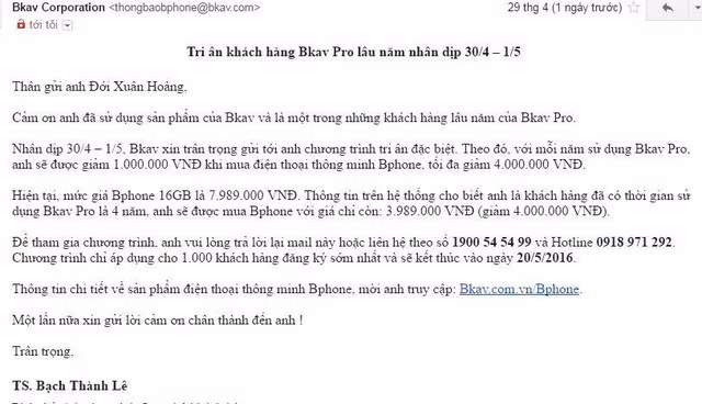 Khách dùng Bkav lâu năm sẽ được mua Bphone giá 4 triệu đồng ảnh 1 Khách dùng Bkav lâu năm sẽ được mua Bphone giá 4 triệu đồng ảnh 1