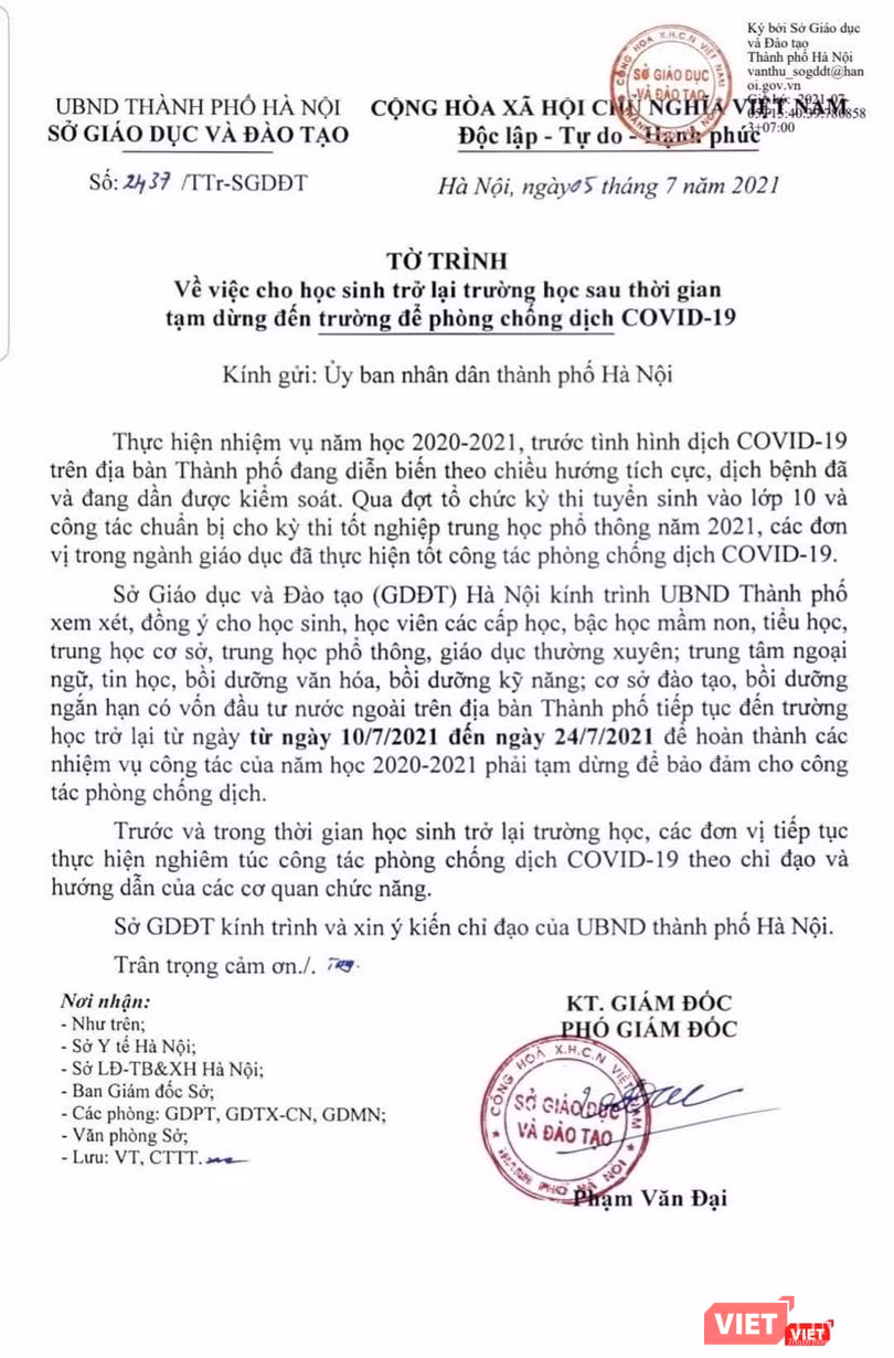 Tờ trình của Sở GD&ĐT TP. Hà Nội đề xuất cho học sinh đến trường trở lại Tờ trình của Sở GD&ĐT TP. Hà Nội đề xuất cho học sinh đến trường trở lại