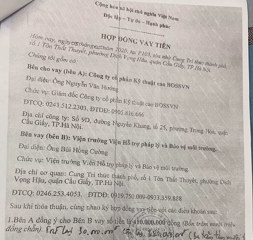 Hợp đồng vay tiền của Chủ tịch Hội đồng quản lý, Viện trưởng Viện HTPL&BVMT. Hợp đồng vay tiền của Chủ tịch Hội đồng quản lý, Viện trưởng Viện HTPL&BVMT.