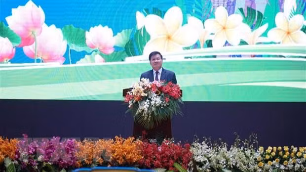 Tổng Bí thư, Chủ tịch nước Lào Thongloun Sisoulith phát biểu tại lễ kỷ niệm. (Ảnh: Bá Thành /TTXVN)