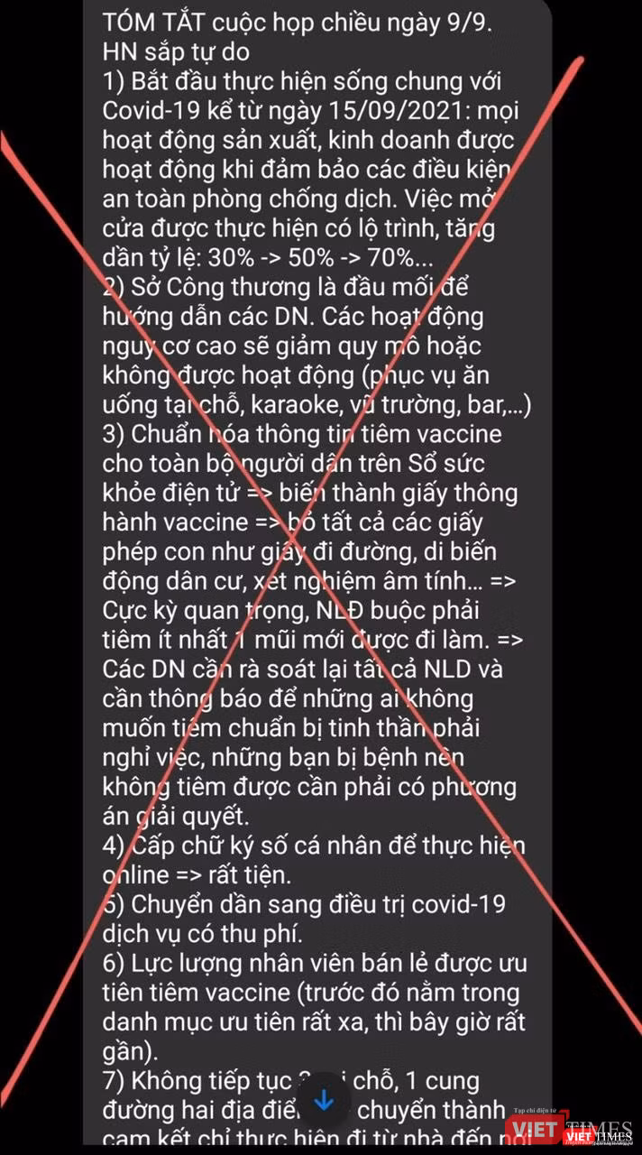 Thông tin giả mạo phát tán trên mạng xã hội về chủ trương chống dịch của TP. Hà Nội.
