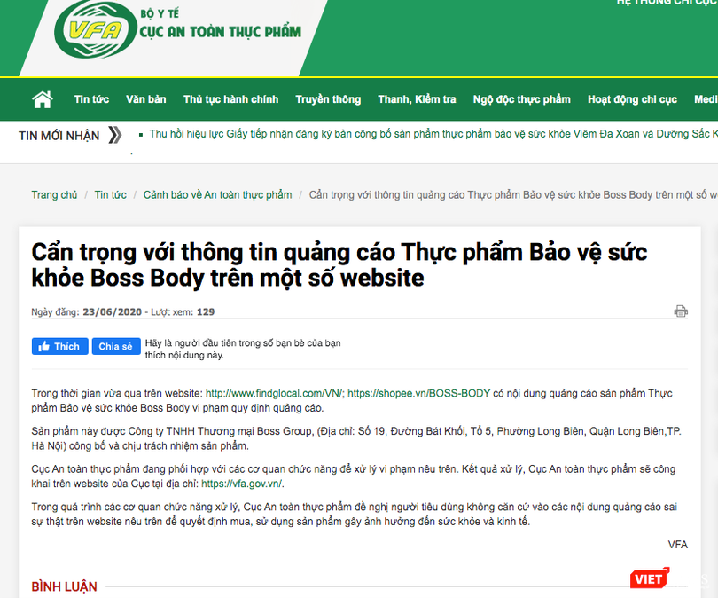 Cục An toàn thực phẩm khuyến cáo người tiêu dùng cẩn trọng với quảng cáo sản phẩm thực phẩm bảo vệ sức khỏe Boss Body. (Ảnh chụp màn hình trên website https://vfa.gov.vn/.)