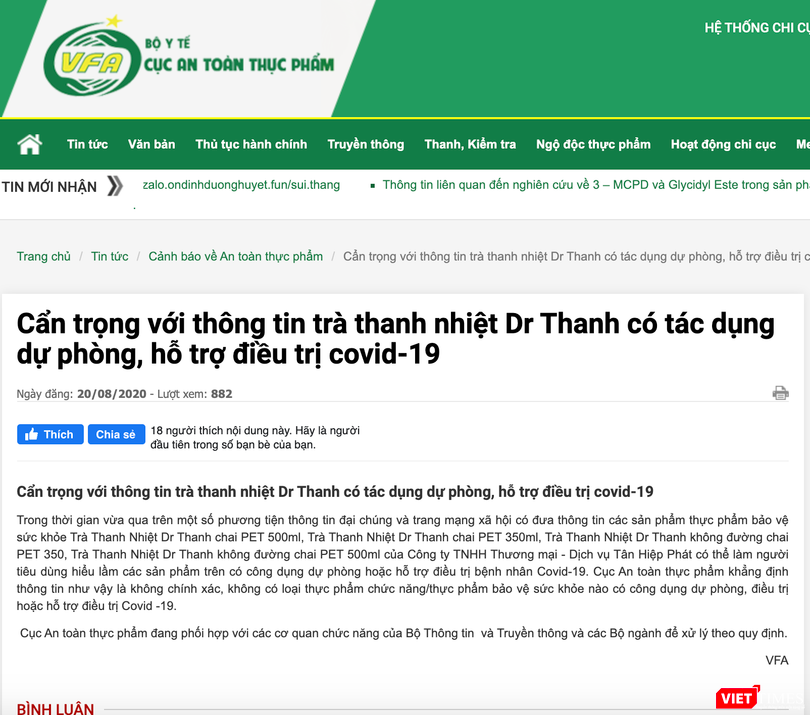 Khuyến cáo của Cục An toàn thực phẩm về thông tin trà thanh nhiệt Dr Thanh có tác dụng dự phòng, hỗ trợ điều trị COVID-19 (Ảnh: Minh Thúy) 