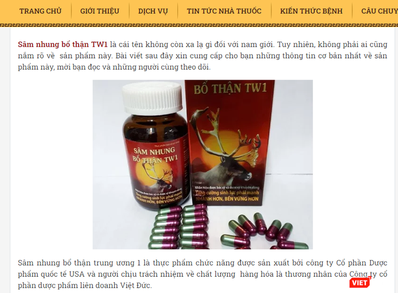 Quảng cáo thực phẩm bảo vệ sức khỏe Tinh sâm nhung bổ thận Dược liệu TW1. Ảnh: https://dongynguyenvanlieu.com/sam-nhung-bo-than-tw1 