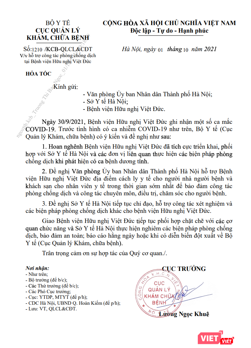 Văn bản của Cục Quản lý Khám, chữa bệnh (Bộ Y tế) về việc hỗ trợ công tác phòng, chống dịch COVID-19 tại Bệnh viện Hữu nghị Việt Đức (Ảnh - MT)