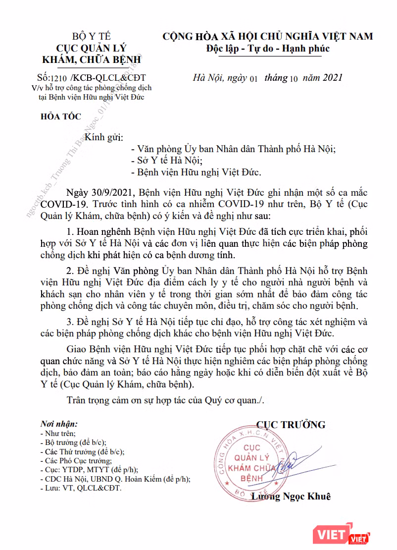 Văn bản của Cục Quản lý Khám, chữa bệnh (Bộ Y tế) về việc hỗ trợ công tác phòng, chống dịch COVID-19 tại Bệnh viện Hữu nghị Việt Đức (Ảnh - MT)
