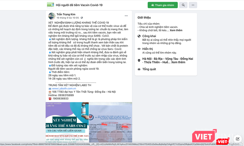 Trung tâm L.H. quảng cáo xét nghiệm định lượng kháng thể COVID-19 (Ảnh - VT)