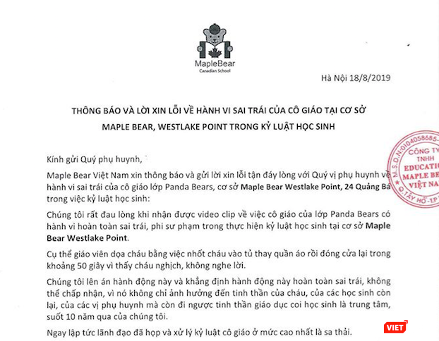 Thông báo của Trường mầm non Maple Bear Westlake Point về sự việc. 