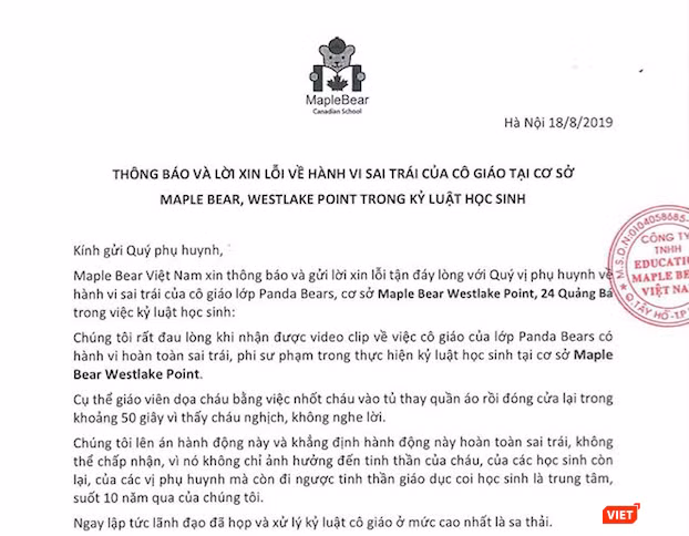 Thông báo của Trường mầm non Maple Bear Westlake Point về sự việc. 
