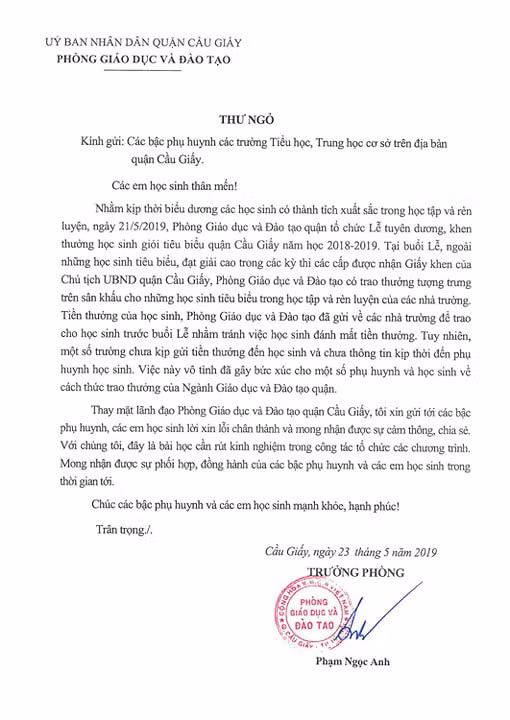 Bức "thư ngỏ" gửi đến các bậc phụ huynh học sinh có con đang theo học tại các trường Tiểu học, THCS trên địa bàn quận Cầu Giấy