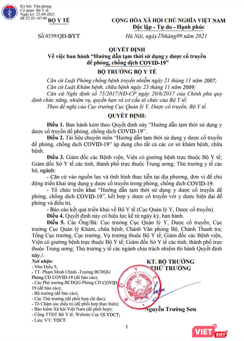 Quyết định ban hành hướng dẫn tạm thời sử dụng y dược cổ truyền để phòng, chống dịch COVID-19 của Bộ Y tế (Ảnh - MT)