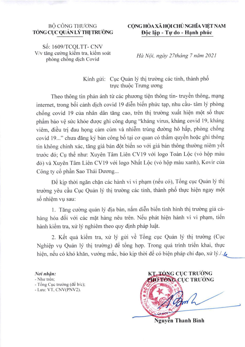 Văn bản của Tổng cục QLTT, Bộ Công Thương khẳng định: "Sản phẩm Xuyên Tâm Liên CV19, Kovir của Công ty Cổ phần Sao Thái Dương chưa đăng ký bản công bố tại cơ quan có thẩm quyền hoặc ghi thông tin không chính xác, tăng giá bán đột biến so với giá bán thông thường niêm yết trước đó" (Ảnh - BCT)