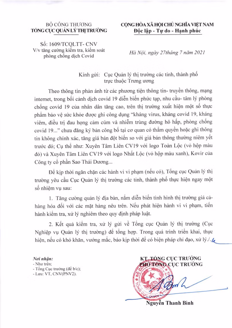 Văn bản của Tổng cục QLTT, Bộ Công Thương khẳng định: "Sản phẩm Xuyên Tâm Liên CV19, Kovir của Công ty Cổ phần Sao Thái Dương chưa đăng ký bản công bố tại cơ quan có thẩm quyền hoặc ghi thông tin không chính xác, tăng giá bán đột biến so với giá bán thông thường niêm yết trước đó" (Ảnh - BCT)