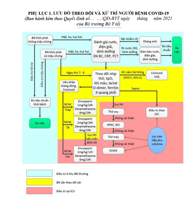 Lưu đồ theo dõi, xử trí bệnh nhân COVID-19 (Ảnh - MT) Lưu đồ theo dõi, xử trí bệnh nhân COVID-19 (Ảnh - MT)
