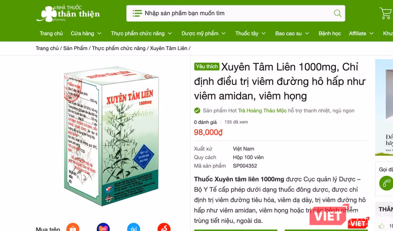Thuốc xuyên tâm liên được chào bán với giá 98.000 đồng (Ảnh - VT)
