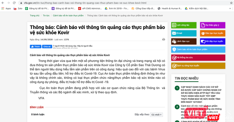 Thông báo cảnh báo của Cục An toàn thực phẩm với thực phẩm thực phẩm bảo vệ sức khỏe Kovir (Ảnh - VT)