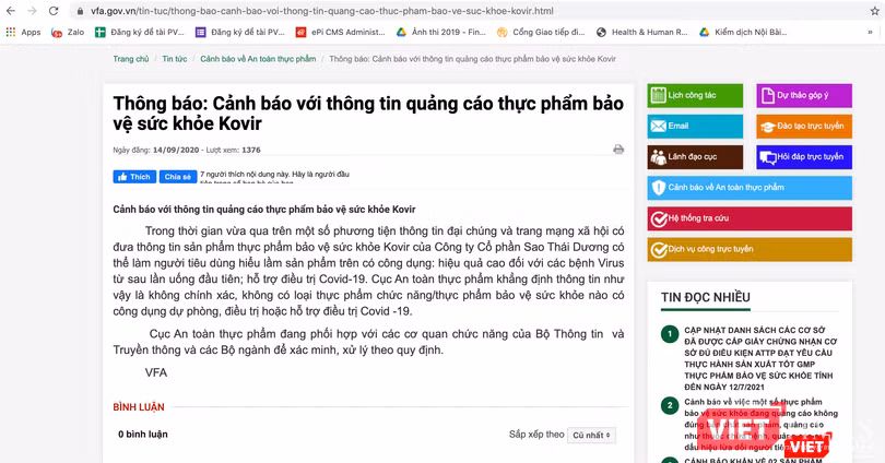 Thông báo cảnh báo của Cục An toàn thực phẩm với thực phẩm thực phẩm bảo vệ sức khỏe Kovir (Ảnh - VT)
