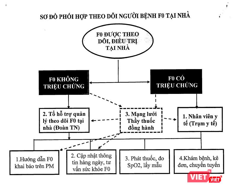 Sơ đồ phối hợp, theo dõi F0 tại nhà (Ảnh - Minh Thúy)