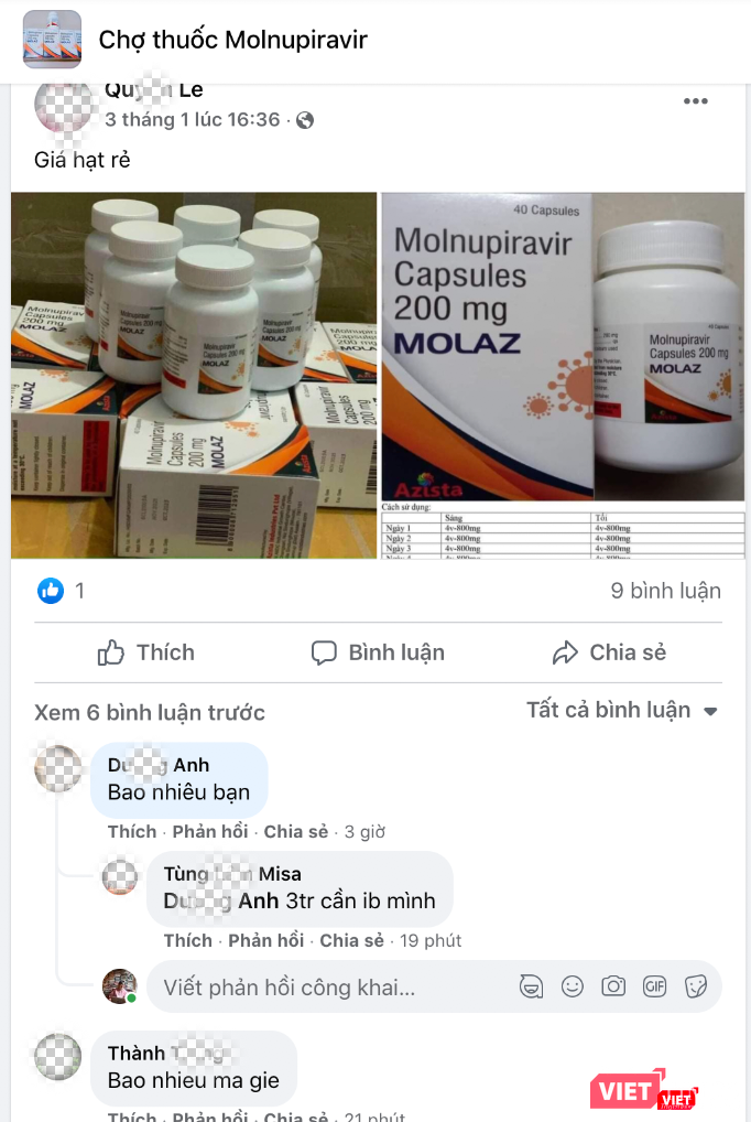 Trang FB có Chợ thuốc Molnupiravir công khai ra giá bán thuốc (Ảnh - MT) Trang FB có Chợ thuốc Molnupiravir công khai ra giá bán thuốc (Ảnh - MT)