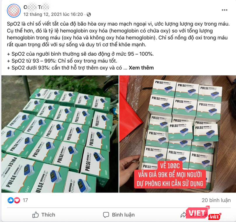 Quảng cáo và bán máy đo SpO2 tên POLSE có giá 99.000 đồng/chiếc (Ảnh - MT)