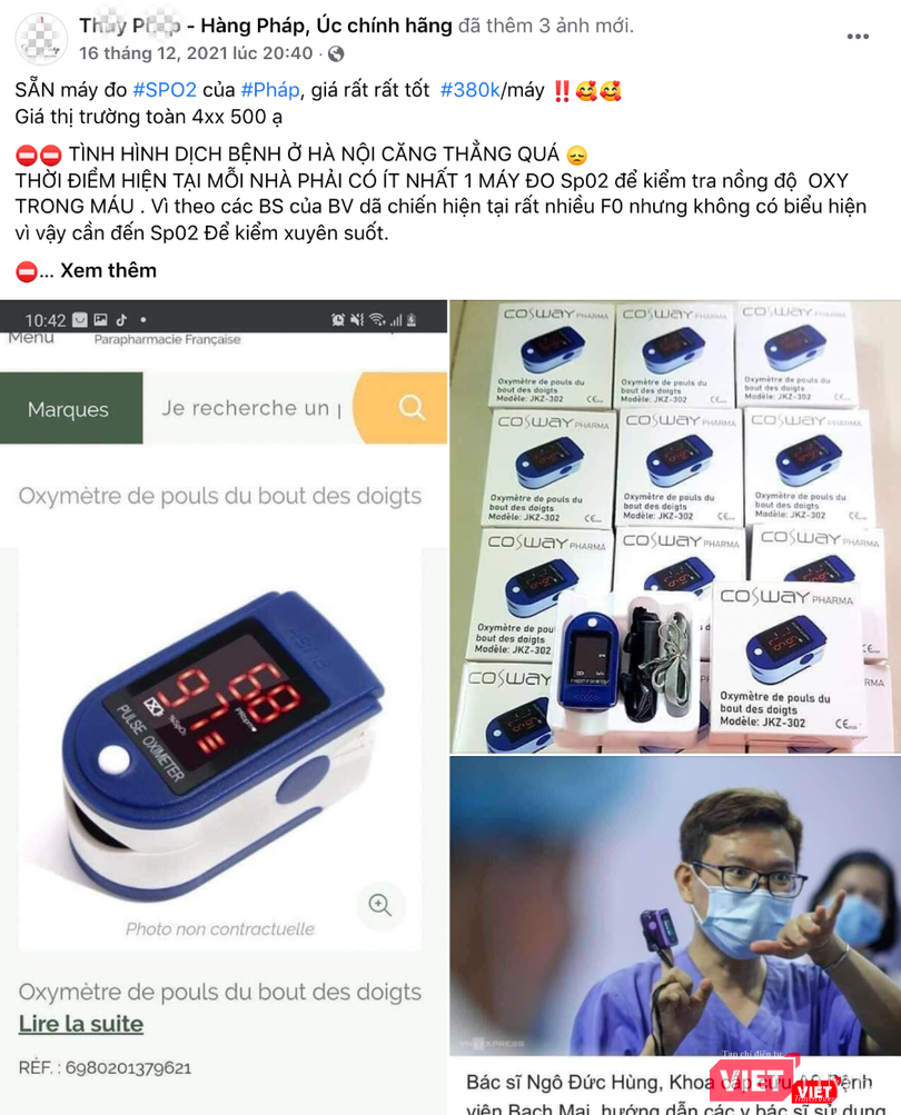 Máy đo SpO2 tên COSWAY PHARMA của Pháp giá 380.000 đồng/máy (Ảnh - MT)