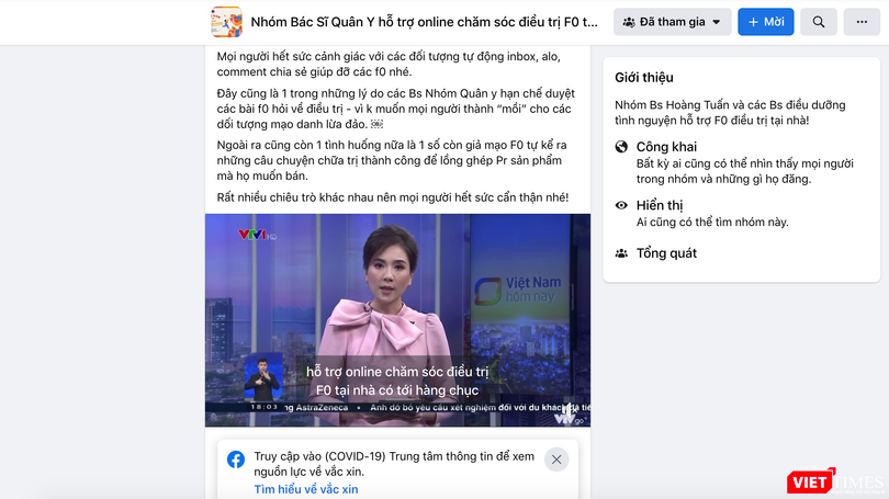 Bài viết cảnh báo về bác sĩ mạo danh trên nhóm bác sĩ Quân Y hỗ trợ online chăm sóc, điều trị F0 tại nhà của BS. Hoàng Thanh Tuấn (Ảnh - MT)