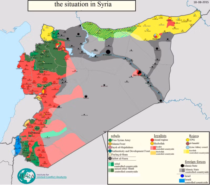 Bản đồ khu vực quân chính phủ Syria bị bao vây tháng 8.2015. Màu đỏ: quân chính phủ Syria. Màu đen xám: các vùng IS đóng quân và kiểm soát.
