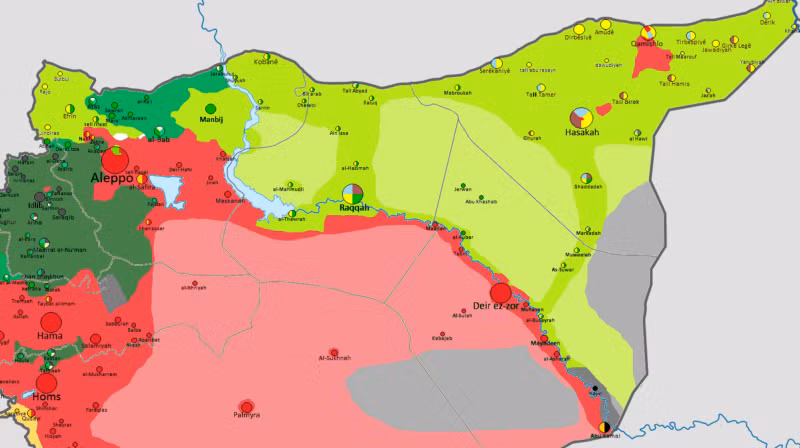 Vùng đông bắc Syria tháng 12.2017. Màu đỏ: lực lượng quân chính phủ Syria. Xanh: lực lượng SDF.