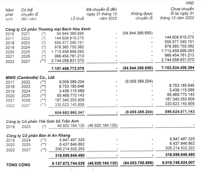 Lỗ lũy kế của một số chuỗi cửa hàng mà MWG đang triển khai tính đến cuối năm 2022 (Nguồn: BCTC)