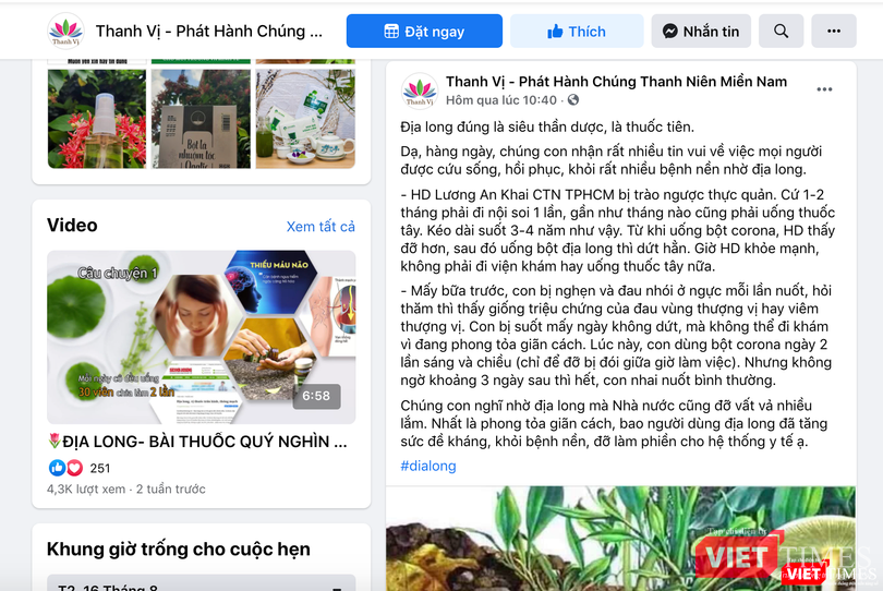 Trang Facebook bán địa long có tên Thanh vị - Phát Hành Chúng Thanh niên miền Nam (Ảnh - VT) Trang Facebook bán địa long có tên Thanh vị - Phát Hành Chúng Thanh niên miền Nam (Ảnh - VT)