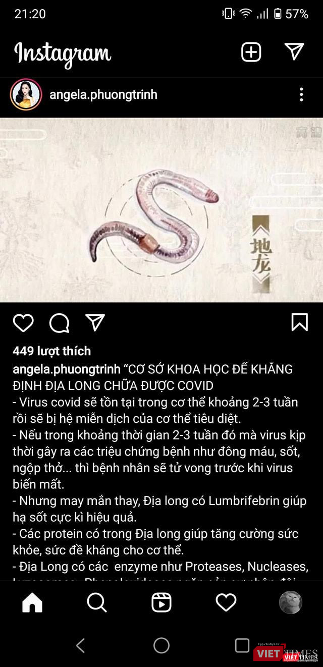 Bài viết quảng cáo sản phẩm địa long chữa được COVID-19 của Angela Phương Trinh (Ảnh - VT)