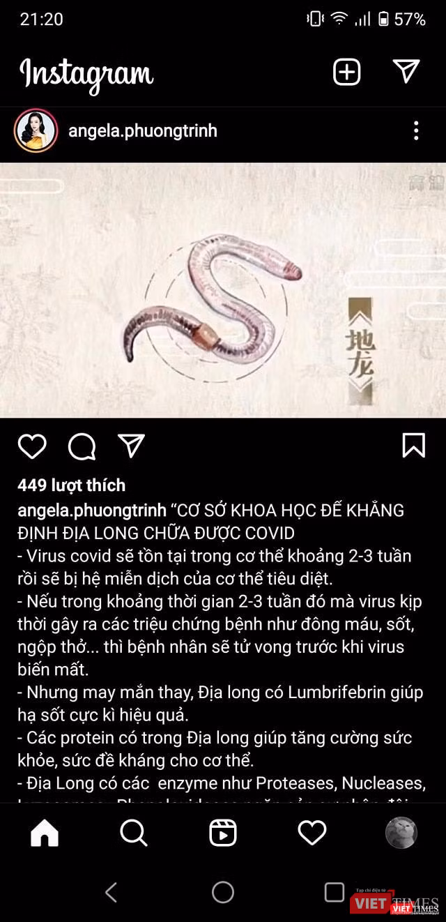 Bài viết quảng cáo sản phẩm địa long chữa được COVID-19 của Angela Phương Trinh (Ảnh - VT) Bài viết quảng cáo sản phẩm địa long chữa được COVID-19 của Angela Phương Trinh (Ảnh - VT)