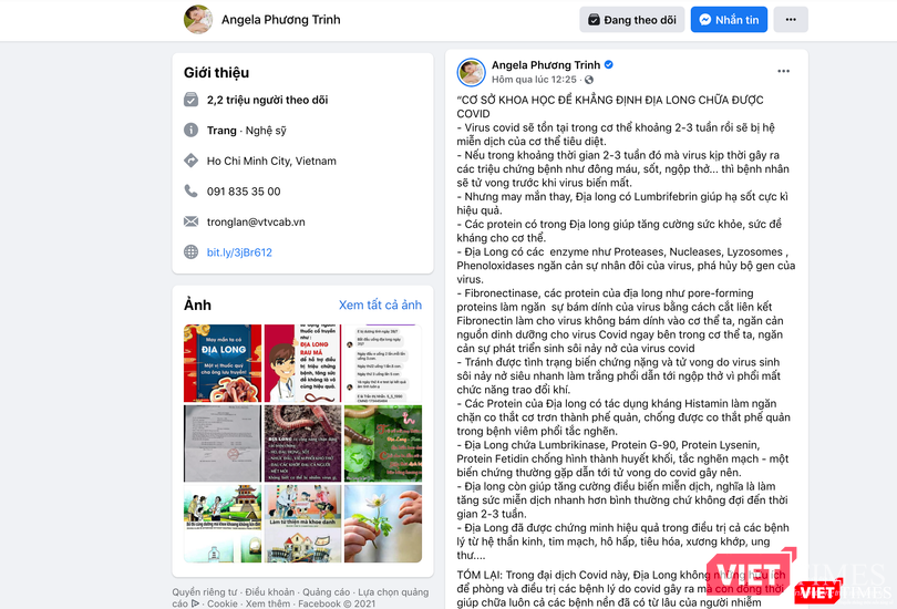 Bài viết về địa long được Angela Phương Trinh đăng tải trên Fanpage có hơn 2,2 triệu người theo dõi (Ảnh - VT) Bài viết về địa long được Angela Phương Trinh đăng tải trên Fanpage có hơn 2,2 triệu người theo dõi (Ảnh - VT)