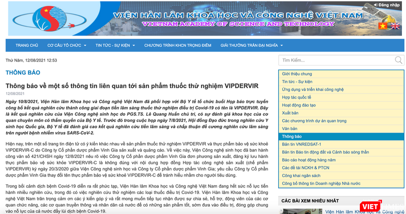 Thông báo về một số thông tin liên quan tới sản phẩm thuốc thử nghiệm VIPDERVIR của Viện Hàn lâm Khoa học và Công nghệ Việt Nam (Ảnh - VT) 